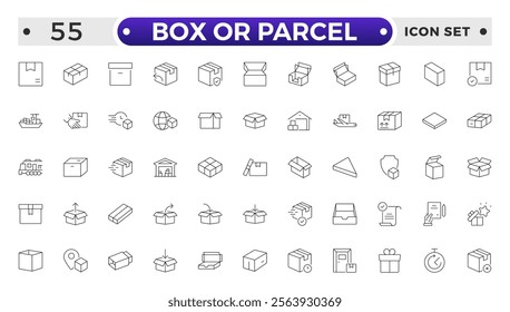 Box or Parcel outline icon vector set. Containing storehouse, stock, package storage, machine, process, cargo truck, courier, step and productivity, forklift, freight, lorry, moving.
