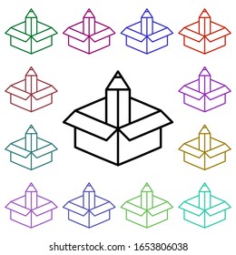 Icono de estilo multicolor de caja y lápiz. Línea delgada simple, contorno vectorial de los iconos de educación para ui y ux, sitio web o aplicación móvil