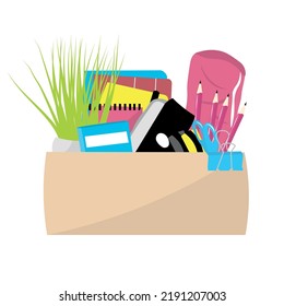 Box with personal things of dismissed worker on white background