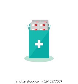 A box of pills.Medications, medications, vitamins, aspirin, painkillers.Vitamins and dietary supplements.Treat disease.Flat vector illustration on a white background