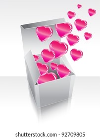 Box with pink flying hearts, vector