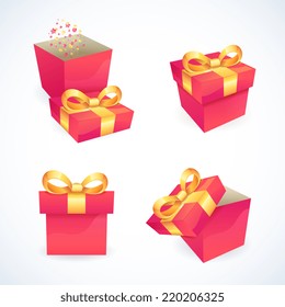 Box and pink package gift delivery with ribbon bow icons set isolated vector illustration
