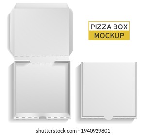 Box pizza. Closed and open square pack, top view paper white empty carton mockup for pizzeria, meal delivery or takeaway, fast food lunch. Brand identity template vector realistic illustration