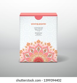 Box with place for your text. Round floral paisley oriental pattern with peacock feathers elements