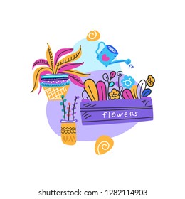 Box with plants, indoor plants, flowers in a flowerpot. Concept - flower, plant delivery. Cartoon vector.