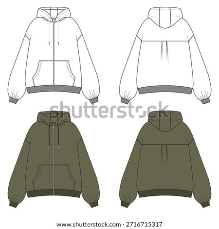 Women’s box pleat Oversized hoodie Technical Flat Drawing with Kangaroo Pocket Detail and Complete CAD Template