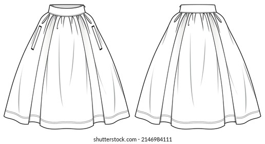 Box Pleat Skirt with Side Pocket, High Waisted A-line Flared Pleated Midi Skater Skirt Front and Back View. Fashion Illustration, Vector, CAD, Technical Drawing, Flat Drawing.