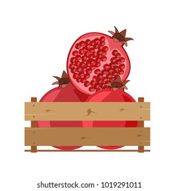 Box with pomegranate fruit, wooden, fruit, fresh, natural, vector.