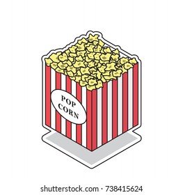 box with popcorn, bucket with snack, red stripes, vector image, flat design