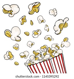 Box of popcorn. Colorful vector illustration on white background in sketch style. For menu, web, poster. Symbol of fastfood, cinema, entertainment.