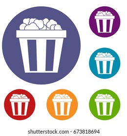 Box of popcorn icons set in flat circle reb, blue and green color for web
