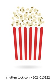 Box with popcorn isolated on white background. Crumbling scattering and floating in the air. Simple flat style realistic vector illustration.