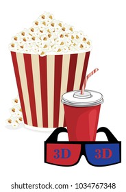 A box of popcorn, juice and 3d glasses