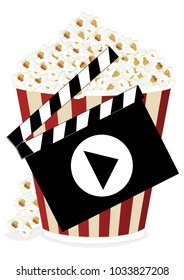 A box of popcorn and a movie clapper