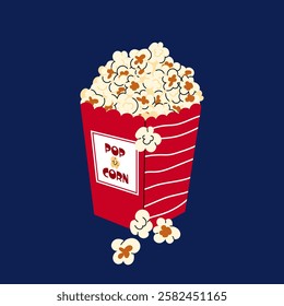 Box with popcorn. Red pack with popcorn for cinema or movie, circus, Luna Park. Popcorn. Flat food vector illustration.