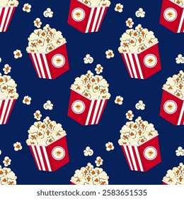 Box with popcorn. Red pack popcorn for cinema or movie, circus, Luna Park. Seamless pattern for textile, wrapping paper, background.