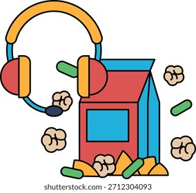 Una caja de palomitas de maíz está esparcida en el suelo junto a un par de auriculares. Video La escena sugiere un ambiente informal y relajado donde alguien podría estar disfrutando de una película o un juego