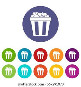 Box of popcorn set icons in different colors isolated on white background