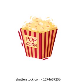 Box of popcorn. Tasty snack. Symbol of cinema or circus. Cartoon vector design for advertising poster or banner