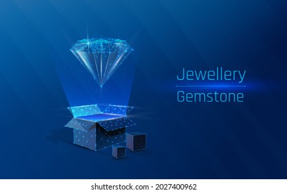 box with a precious stone, shining diamond concept of expensive gifts, jewelry sales, jewelry delivery made in plexus style, low poly, wireframe, triangle, dots, dark-blue background,
