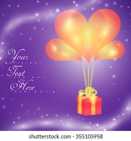  Box with Present Flying on the Balloons in Shape of Heart in the Starry Sky. Free Space for Text. 