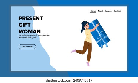 box present gift woman vector. birthday happy, give girl, blue day box present gift woman web flat cartoon illustration