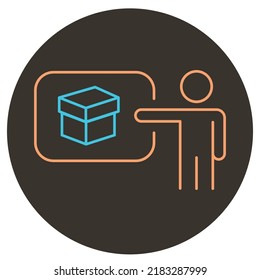 Box presentation two color icon outline on dark brown round background.