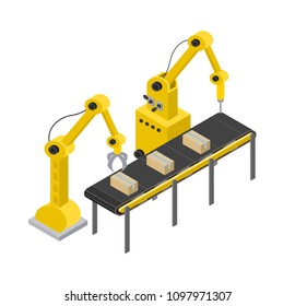Box production line and tools for creating items, automated tools process with equipments accuracy, vector illustration isolated on white background
