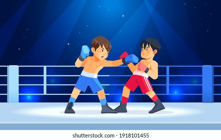 Box professional match among young boys. Teen boxing, kickboxing children on arena. Guys Boxers fight with these adult emotions. Concept of sports and healthy lifestyle. Cartoon vector illustration.