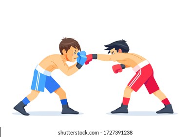 Box professional match. Two young boxer boxing. Cartoon vector illustration isolated on white background.