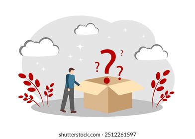 Uma caixa com pontos de interrogação. Conceito de solução de problemas. Homem Fazendo Perguntas