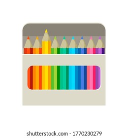 Box of rainbow colors  pencils set closeup isolated on white background. Minimal flat style vector illustration.  Design for template, web, app, branding, advertising, card