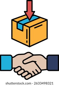 A box with a red arrow pointing down is being opened by two people shaking hands. Concept of a successful business deal or partnership