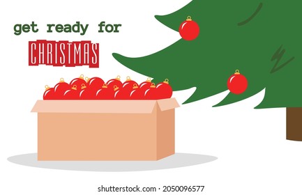 Box with red balls for the Christmas tree. Christmas toys in a box. New Year decoration. Preparing for the new year. Christmas tree decoration with new year red balls