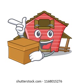 With box a red barn house character cartoon