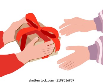 Hands Passing Cardboard Gift Box with Red Ribbon and the Other Gets. Preparing for Celebration. Christmas, Valentine,Wedding, Birthday. Flat Cartoon Style Illustration.