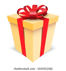 box with red ribbons and red bow isolated vector gift symbol. White background. Box with realistic shadow. Premium quality  Happy smile childhood cartoon template present sign symbol opening