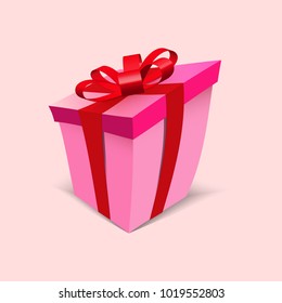 box with red ribbons and bow isolated pink vector gift symbol. White background. Box with realistic shadow copyspace. Happy smile childhood cartoon template present sign symbol opening