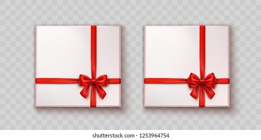Box with red satin bow set isolated on transparent background. White blank cardboard, carton or paper packages. Vector gifts and bows top view mockup.