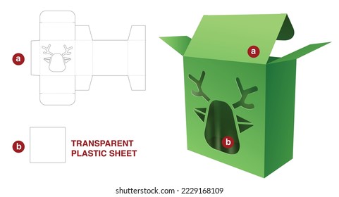 Box with reindeer window die cut template and 3D mockup