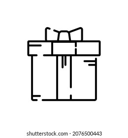 Caja con cinta y arco sobre fondo blanco. Dibujo vectorial con líneas. Concepto de regalo.
