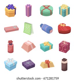 Box, Ribbon, bow and other packing material. Gifts and Certificates set collection icons in cartoon style vector symbol stock illustration web.