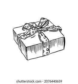 Box with ribbon bow in patterns sketch vector illustration hand draw