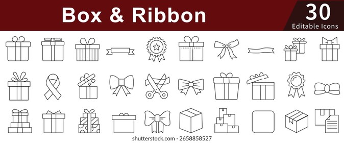 Box and Ribbon Editable Line Icons Set for Gift, Present, Package, and Wrapping Decoration