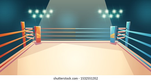 Box ring, arena for sports fighting. Empty illuminated area with spotlights and ropes. Place for boxing, wrestling, presentation of match, competition. Dangerous sport. Cartoon vector illustration