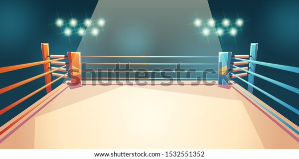 Box ring, arena for sports fighting. Empty\
illuminated area with spotlights and ropes. Place for boxing,\
wrestling, presentation of match, competition. Dangerous sport.\
Cartoon vector\
illustration