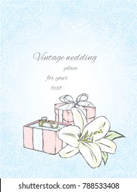 A box with a ring and flowers on a background of patterns. A gentle wedding card. Ready design. Vintage and retro. Love and wedding. Wedding rings. Lily.