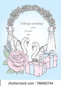A box with a ring, swans, a swastika arch and flowers. A gentle wedding card. Ready design. Vintage and retro. Love and wedding. Wedding rings.