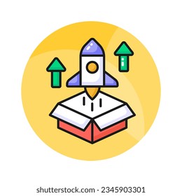 Box with rocket showing product release concept vector, business startup icon