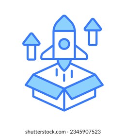Box with rocket showing product release concept vector, business startup icon